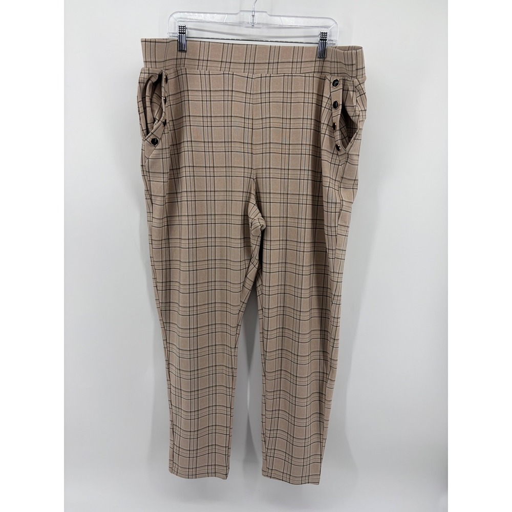 Harper 3X Tan Plaid Pull On Pants Tapered Button Accent High Rise Professional